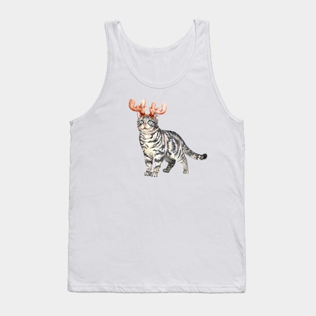 Funny Watercolor American Shorthair Cat with Moose Horns Tank Top by labatchino